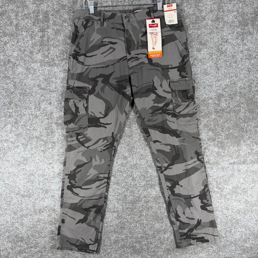 Wrangler Cargo Pants Mens 34x32 Gray Camouflage Mid Rise Tapered Regular Fit NWT